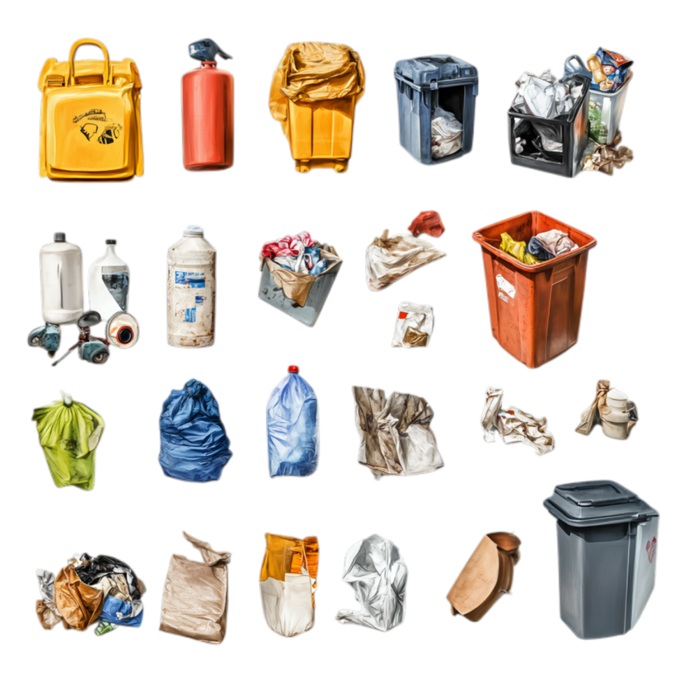 Collection of Various Types of Trash and Refuse Against Transparent Background for Recycling, Environmental Awareness, or Waste Management Projects png
