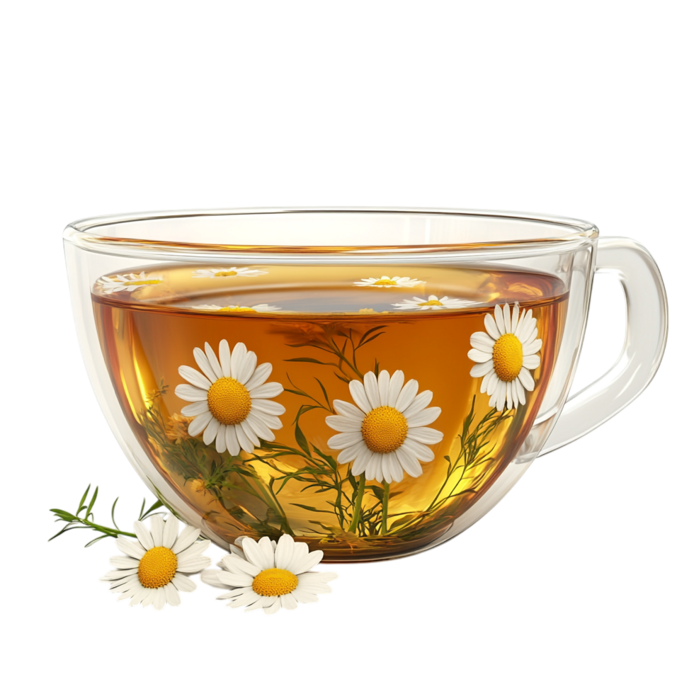PNG Aromatic Chamomile Tea in a Glass Cup Against Transparent Background for Beverage Designs, Relaxation Themes, or Organic Illustrations