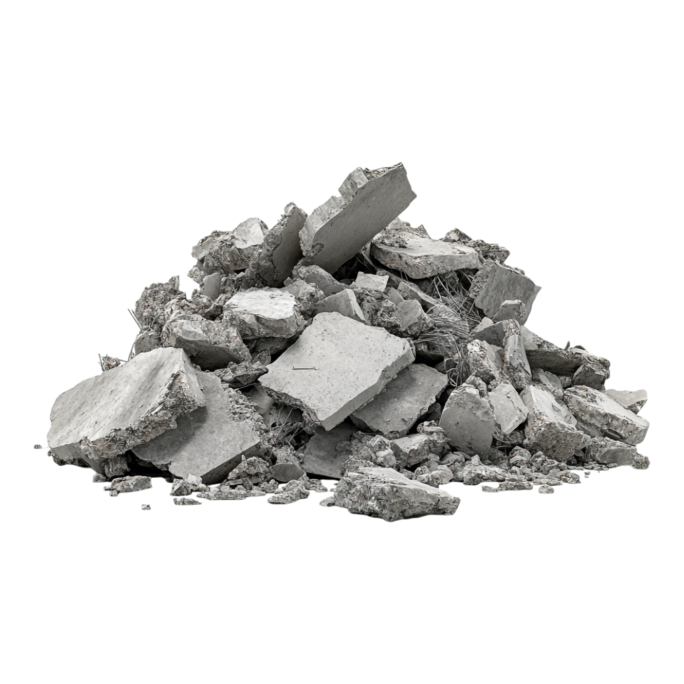 Panorama of a pile of gray concrete fragments from a demolition project png