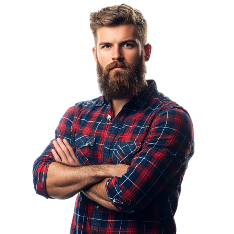 PNG Confident Man with Beard and Plaid Shirt Against Transparent Background for Casual Branding, Lifestyle Promotions, or Modern Campaigns