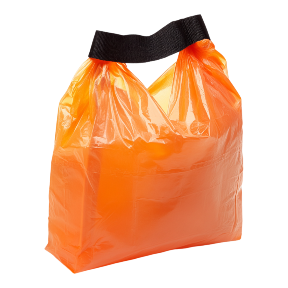 Orange bag with a black strap attached, containing items, isolated against a transparent background png