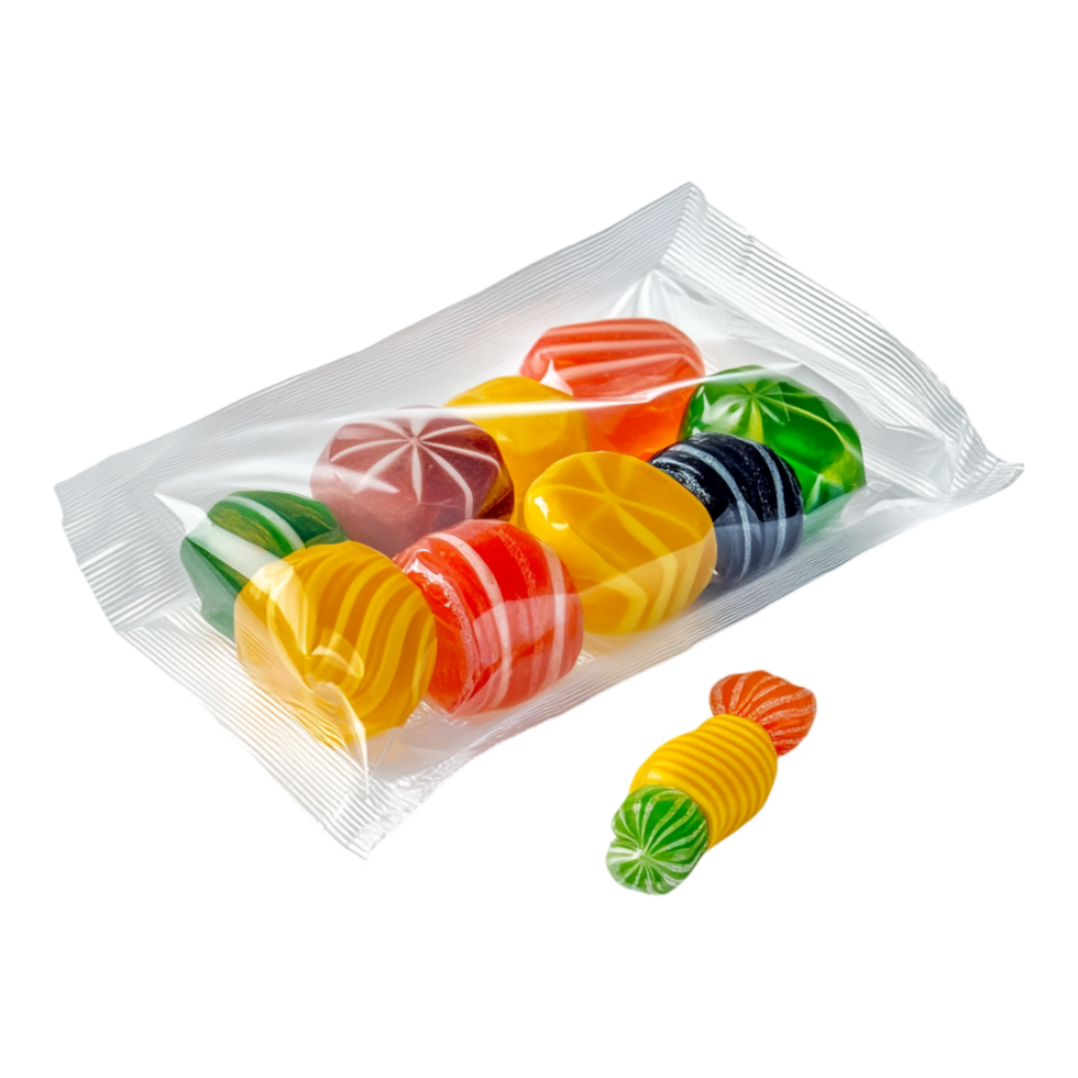 Polyethylene package for candies isolated against transparent background png