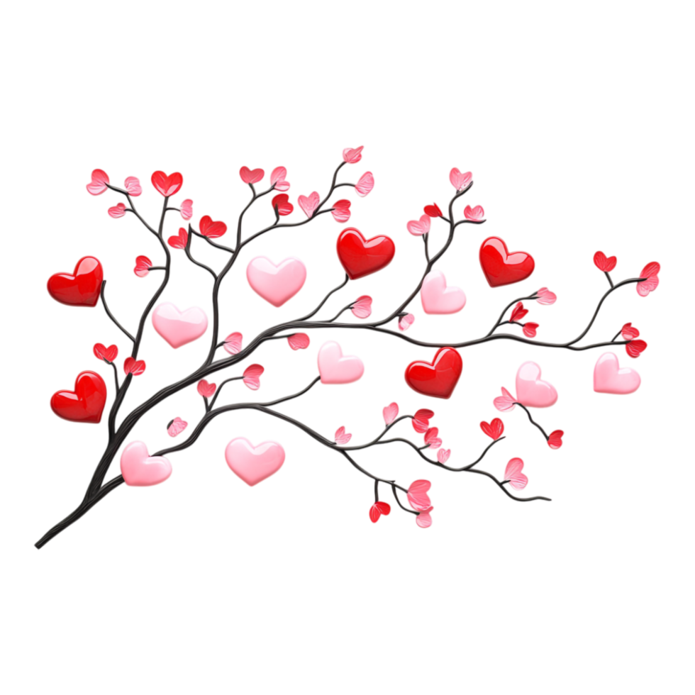 PNG Hearts on Branch in Pink and Red Against Transparent Background for Romantic Nature Themes, Valentine's Day Decorations, or Love Illustrations