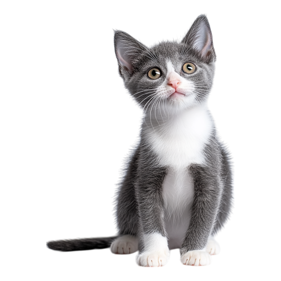 Portrait of a gray and white kitten with a playful stance on a transparent background png