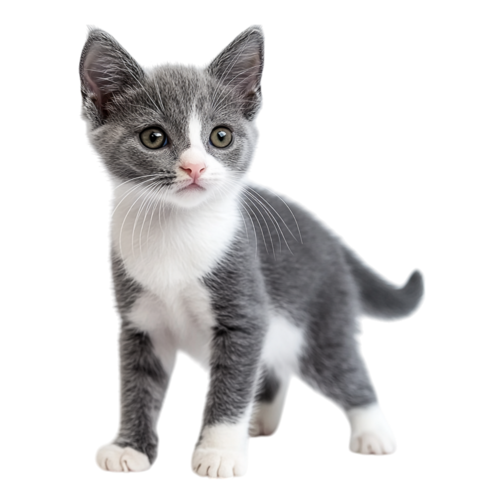 Portrait of a gray and white kitten with a playful stance on a transparent background png