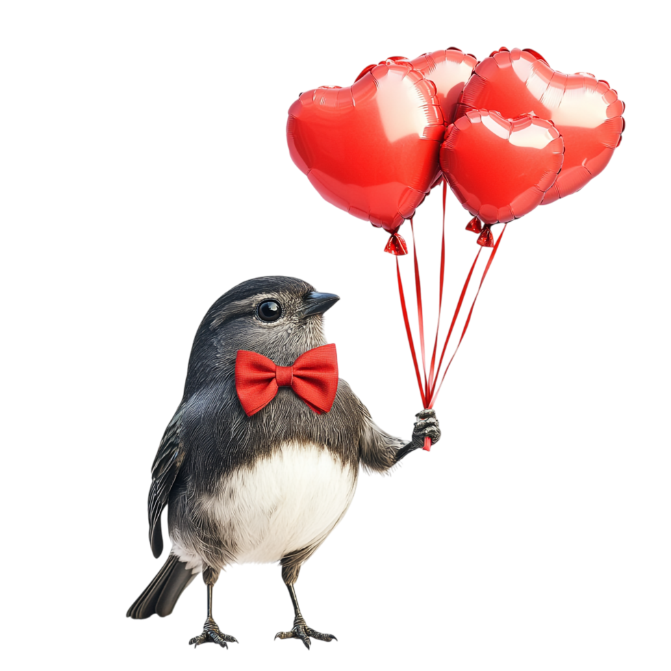 PNG Adorable Bird Wearing a Red Bow Tie and Holding a Heart for Valentine's Day, Against transparent Background Cute Characters, or Love-Themed Designs