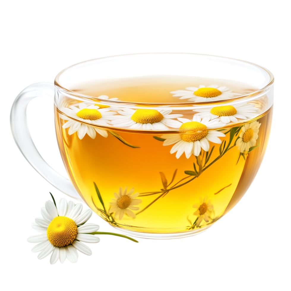 PNG Aromatic Chamomile Tea in a Glass Cup Against Transparent Background for Beverage Designs, Relaxation Themes, or Organic Illustrations