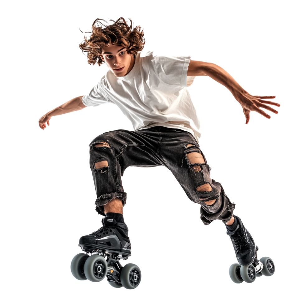Young professional roller skater performing tricks against a transparent background png