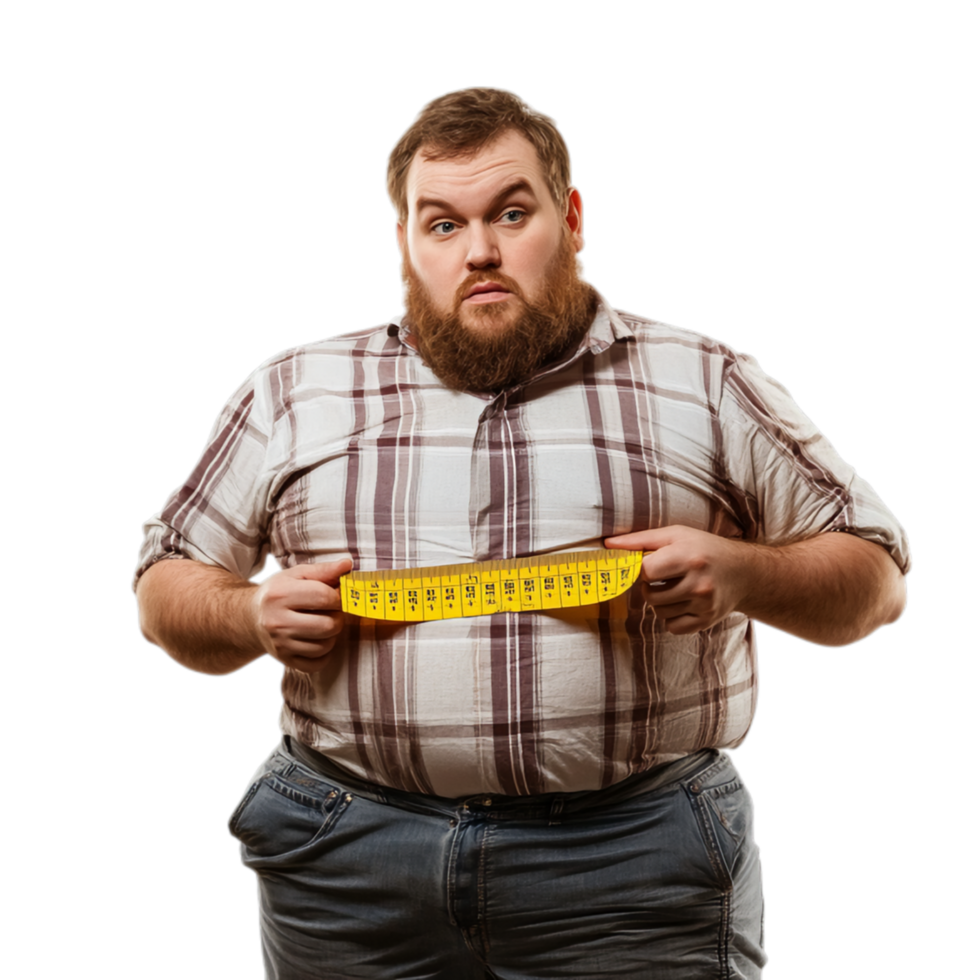 PNG Fat Man Holding Measuring Tape for Check Out Against Transparent Background for Health Branding, Fitness Campaigns, or Weight Management Advertising