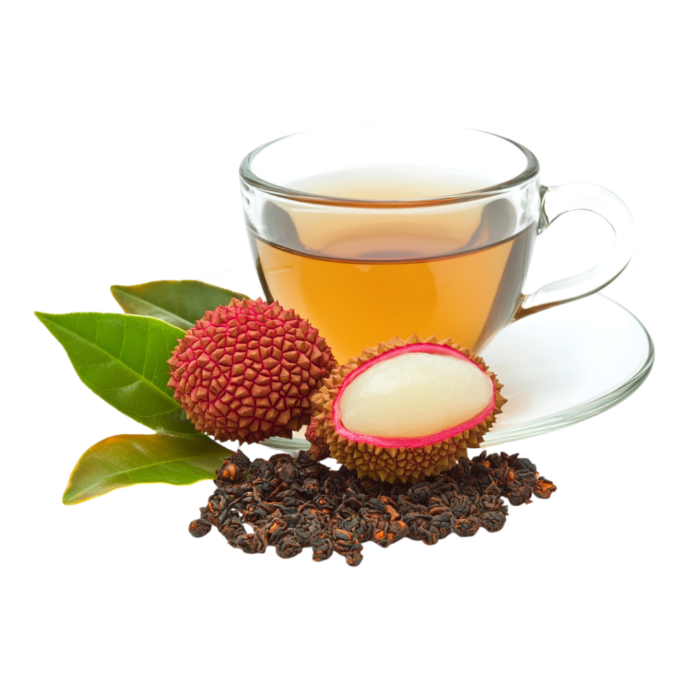 Lychee Fruit and Tea Leaves Isolated on White Background - 3D Rendering png