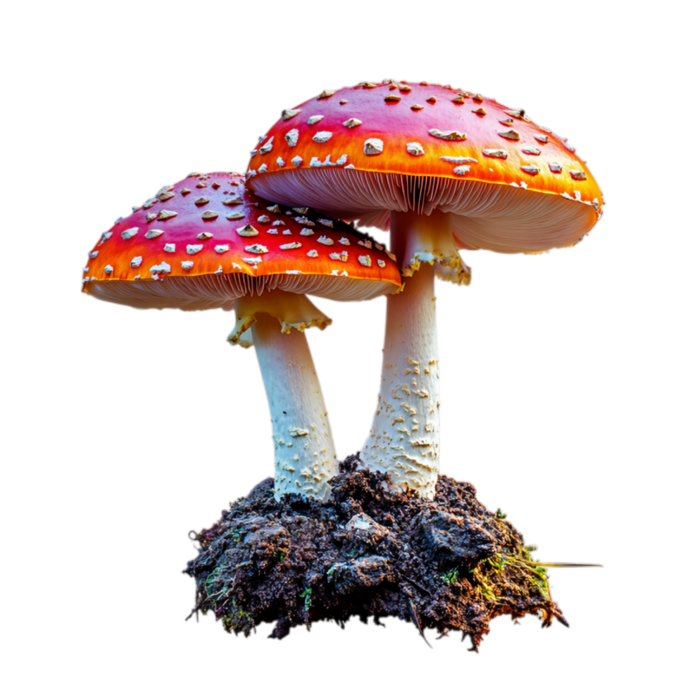 PNG Enchanted Forest Fungi, A Pair of Vibrant Mushrooms Against Transparent Background for Nature Branding, Botanical Themes, or Fantasy Campaigns
