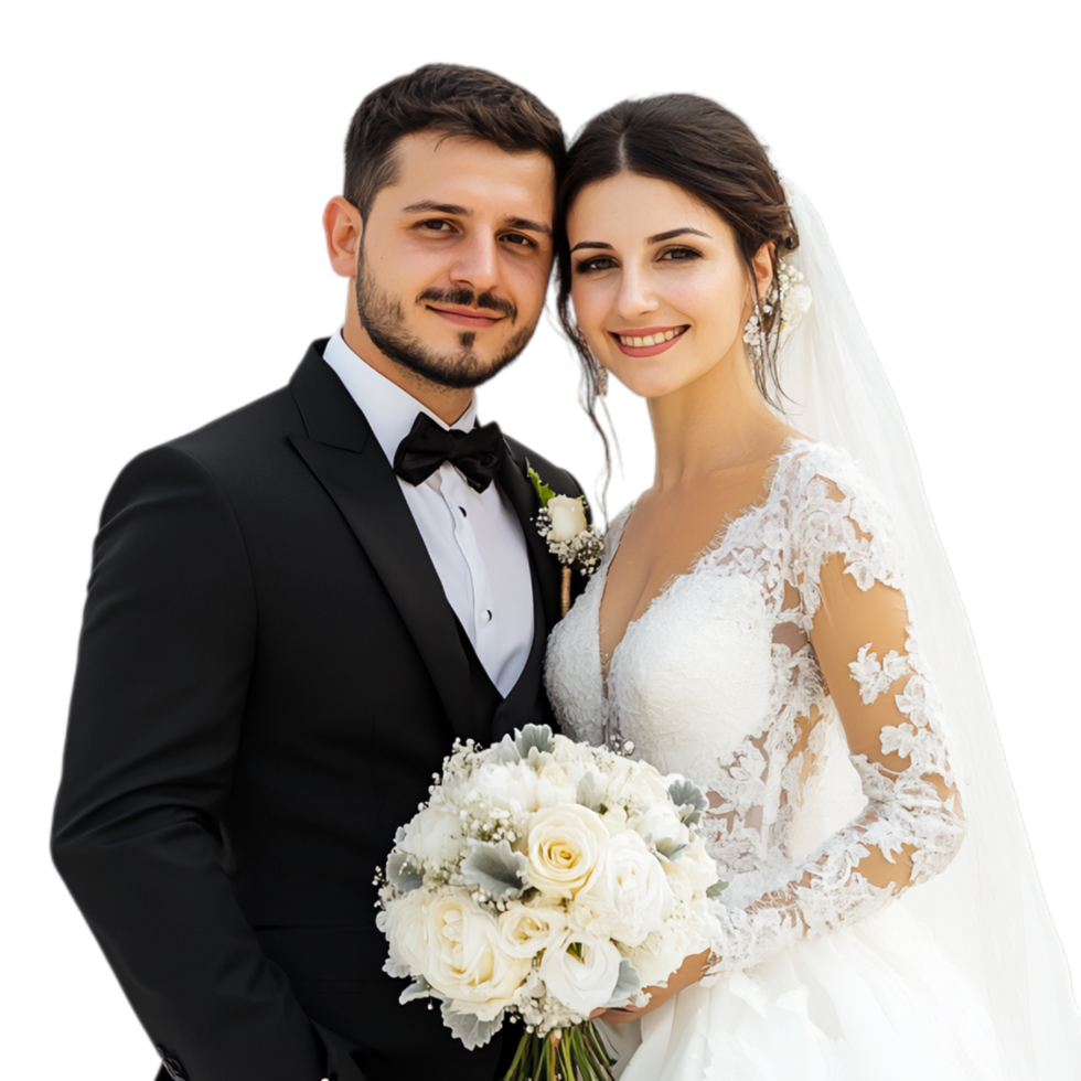 PNG Elegant Bride and Groom Posing Together on Their Wedding Day Against Transparent Background for Wedding Branding, Event Promotions, or Romantic Campaigns