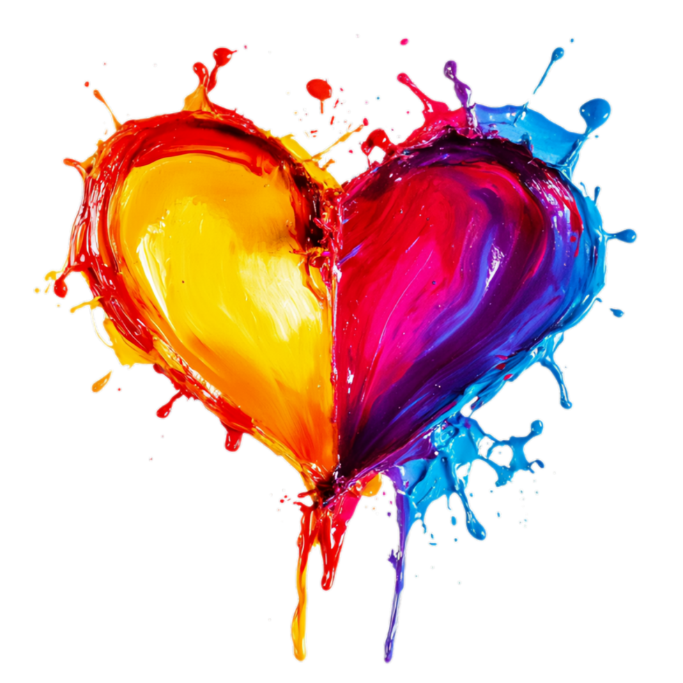 PNG Colorful Heart-Shaped Paint Splash Against Transparent Background for Artistic Creations, Romantic Projects, or Creative Branding