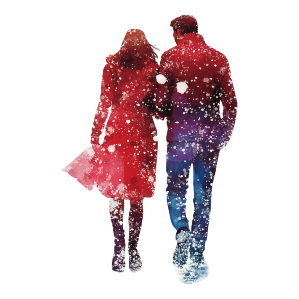 PNG Love Couple in Snow at City Street Hand-in-Hand Against Transparent Background for Romantic Winter Themes, Valentine's Day Cards, or Love Story Illustrations