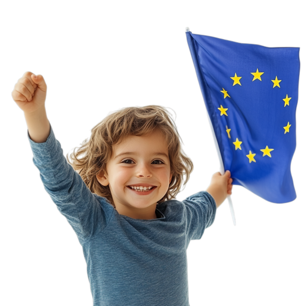 PNG Cheerful Child Waving the EU Flag with Pride Against Transparent Background for International Celebrations or Educational Projects