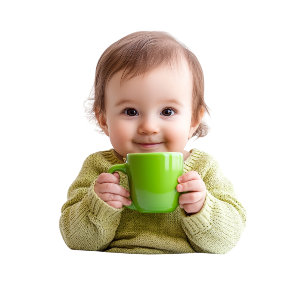 PNG Baby Holding a Green Cup Against Transparent Background for Family Designs, Childhood Themes, or Everyday Illustrations