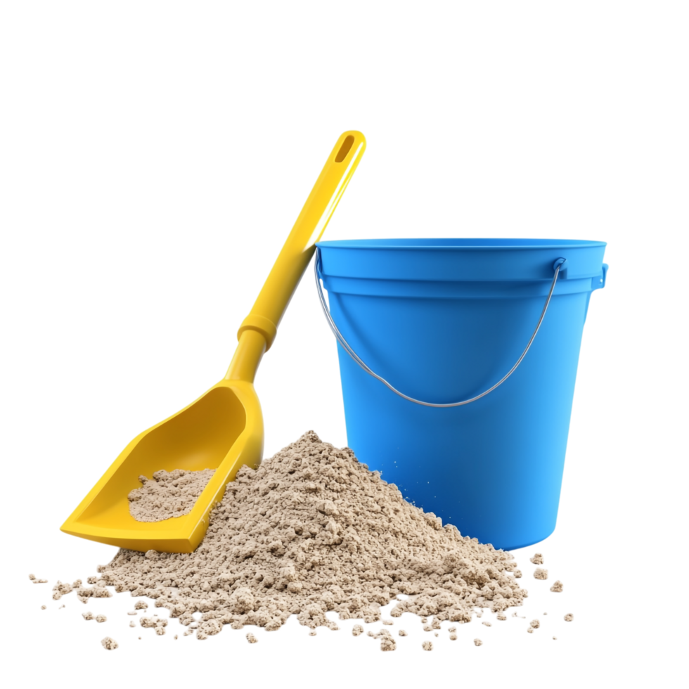 Yellow Spade and Blue Bucket with Sand Spilling 3D Rendering png