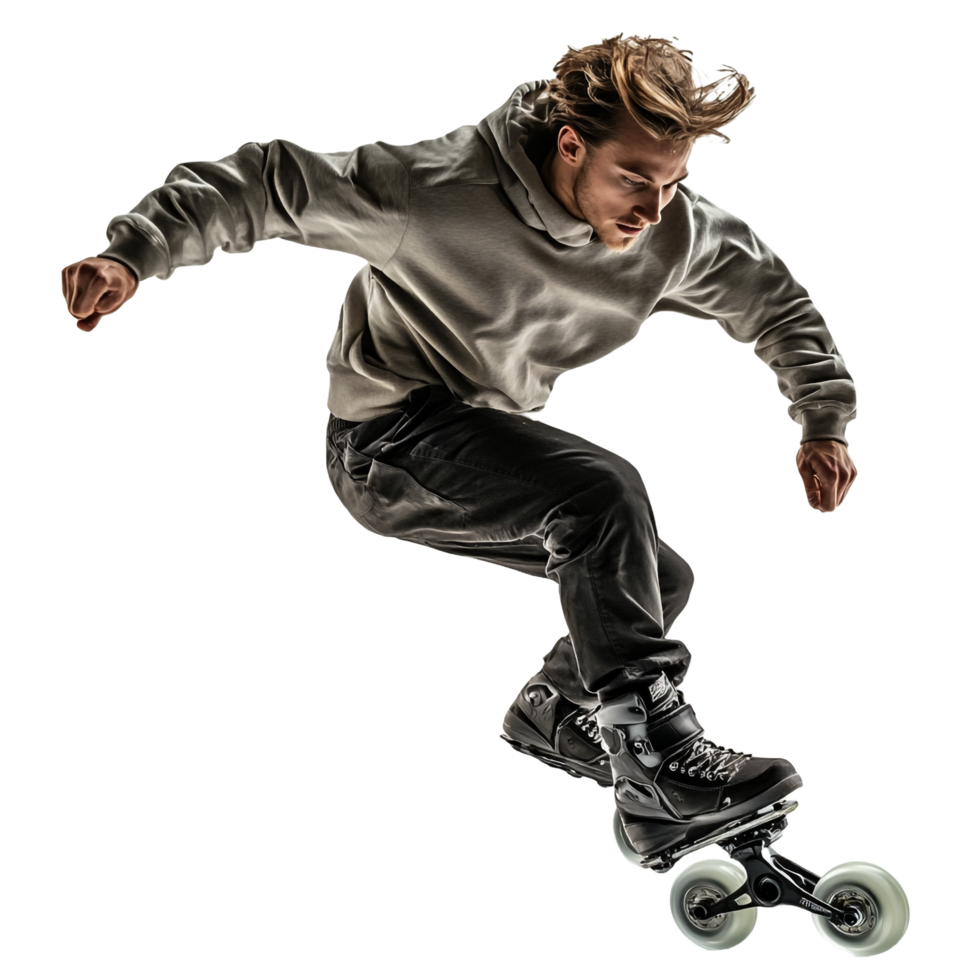 Young professional roller skater performing tricks against a transparent background png