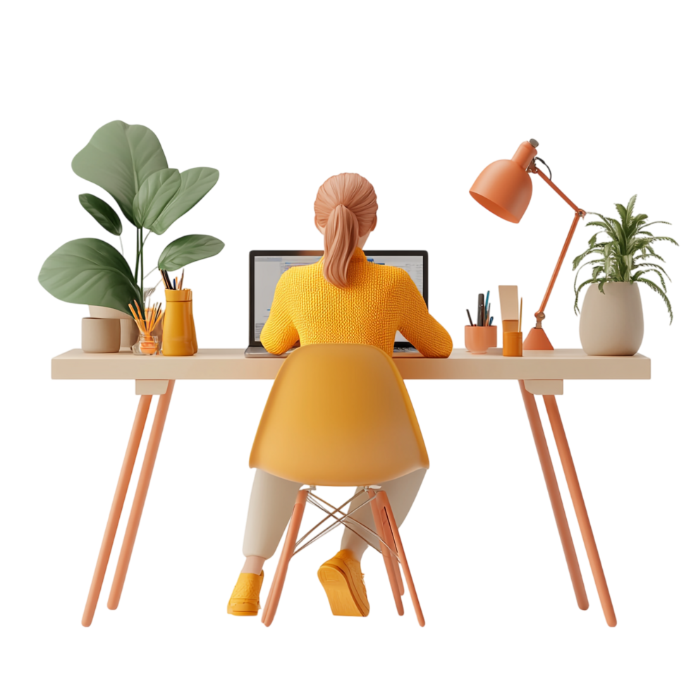 PNG 3D Render of a Woman Working on a Laptop Against Transparent Background for Remote Work, Productivity Themes, or Technology Illustrations
