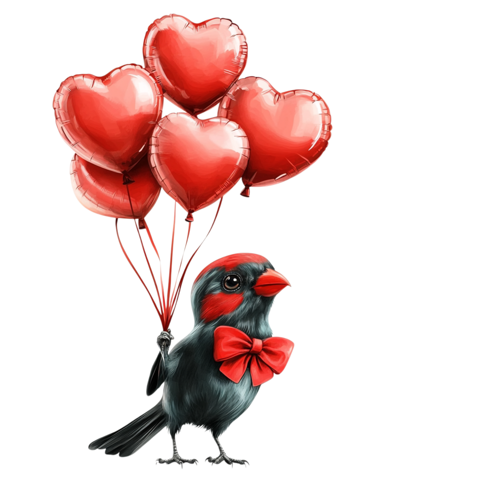 PNG Adorable Bird Wearing a Red Bow Tie and Holding a Heart for Valentine's Day, Against transparent Background Cute Characters, or Love-Themed Designs