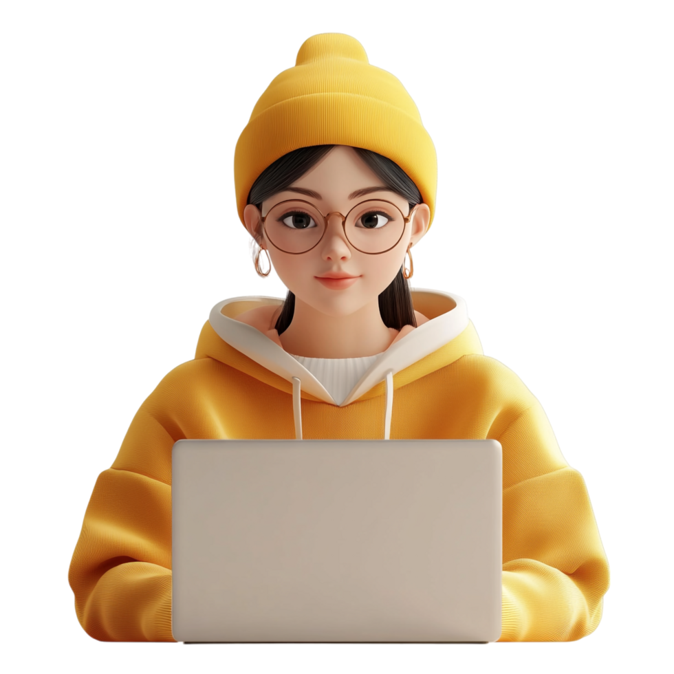 PNG 3D Render of a Woman Working on a Laptop Against Transparent Background for Remote Work, Productivity Themes, or Technology Illustrations