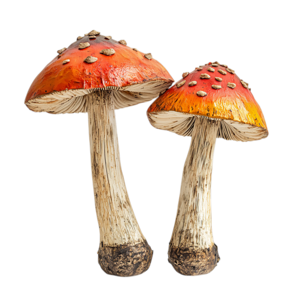 PNG Enchanted Forest Fungi, A Pair of Vibrant Mushrooms Against Transparent Background for Nature Branding, Botanical Themes, or Fantasy Campaigns