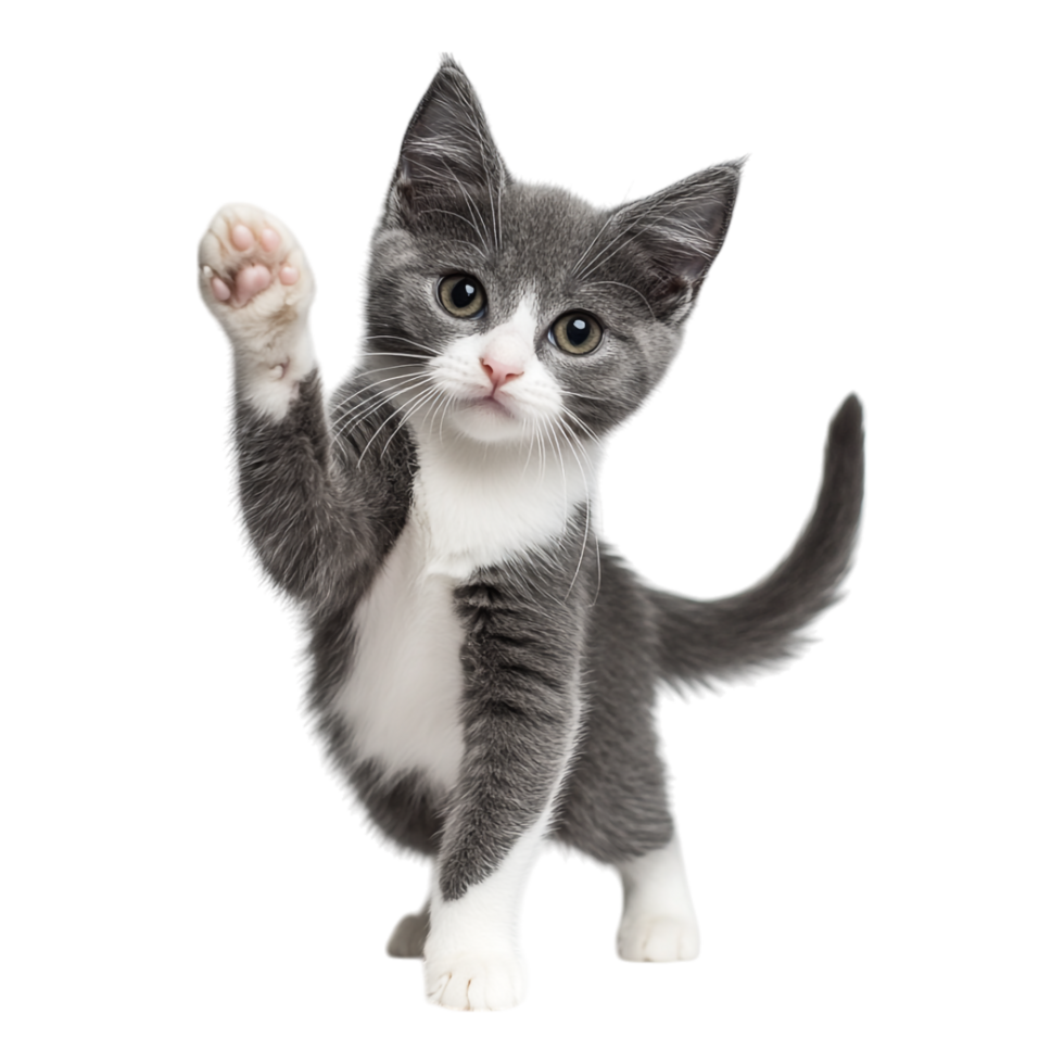 Portrait of a gray and white kitten with a playful stance on a transparent background png