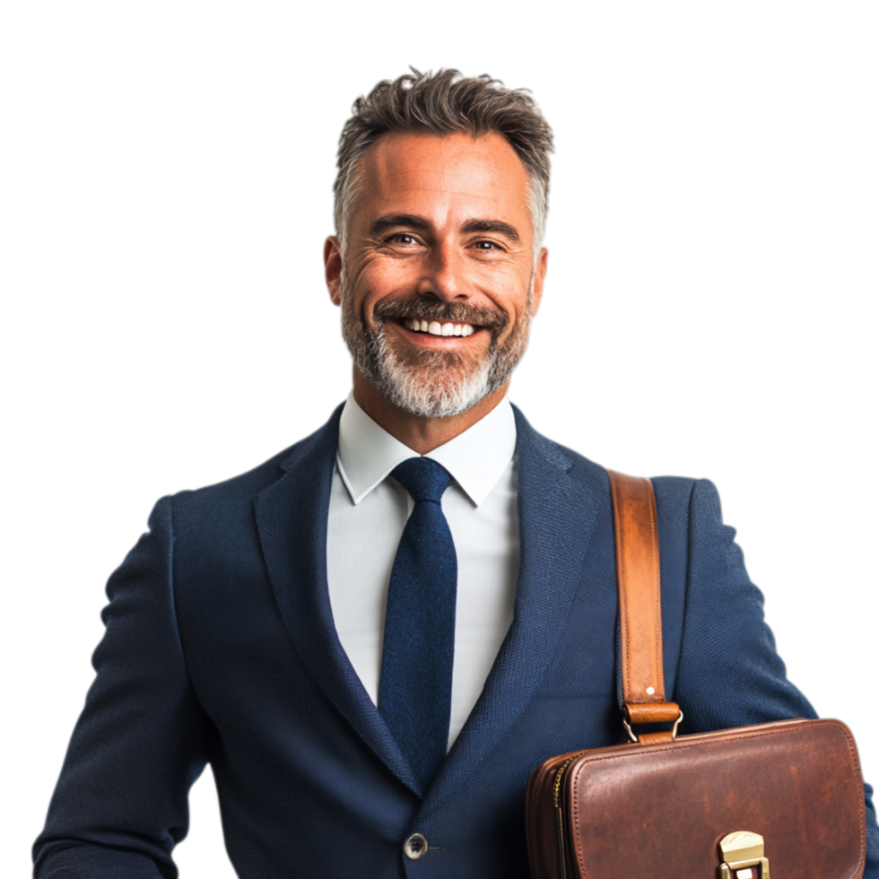 PNG Confident Businessman Smiling with Briefcase Against Transparent Background for Career Themes, Business Marketing, or Leadership Projects