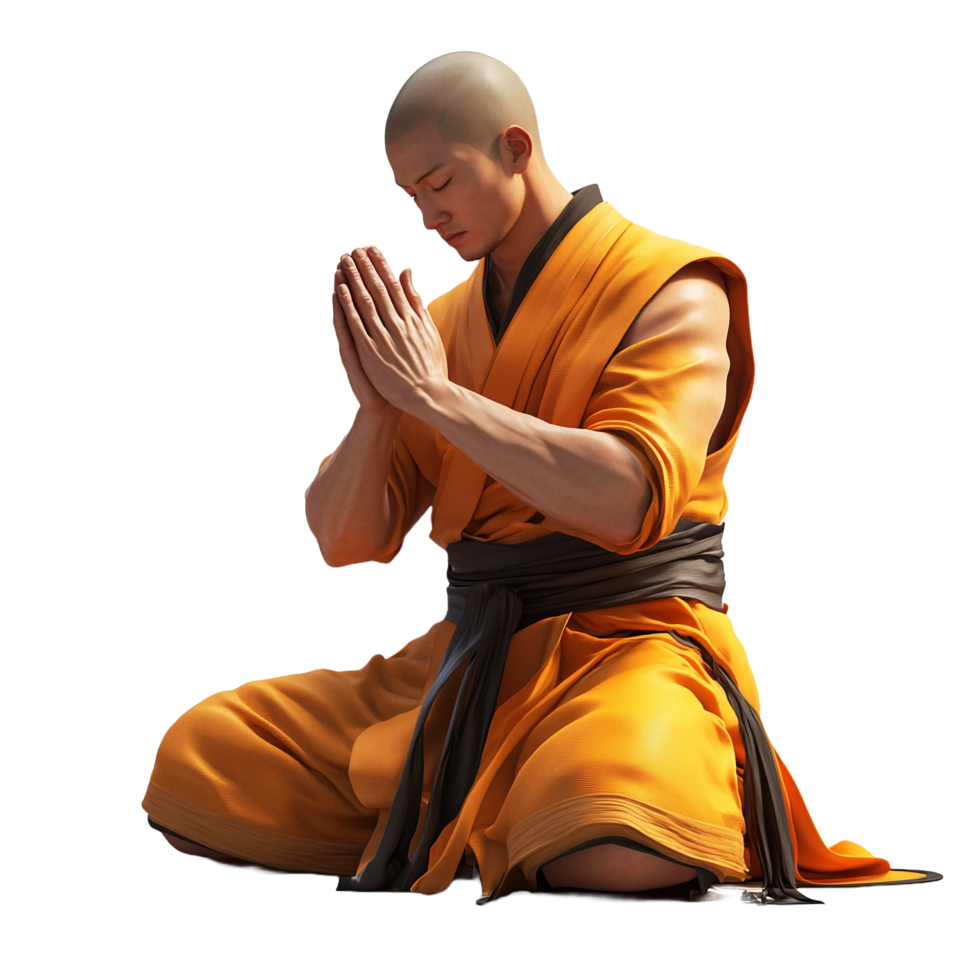 Shaolin monk praying in traditional attire on a transparent background png
