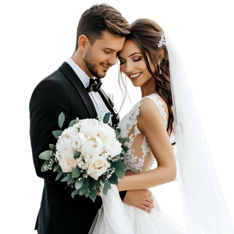 PNG Elegant Bride and Groom Posing Together on Their Wedding Day Against Transparent Background for Wedding Branding, Event Promotions, or Romantic Campaigns