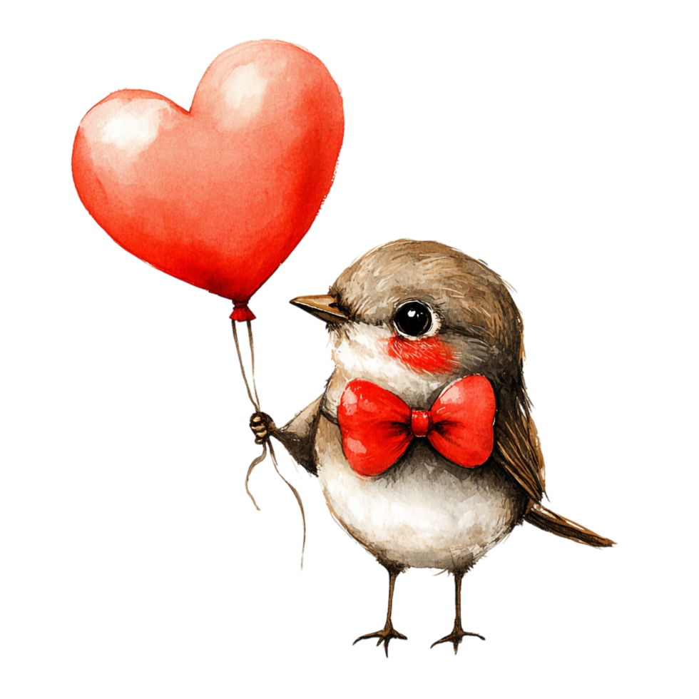 PNG Adorable Bird Wearing a Red Bow Tie and Holding a Heart for Valentine's Day, Against transparent Background Cute Characters, or Love-Themed Designs