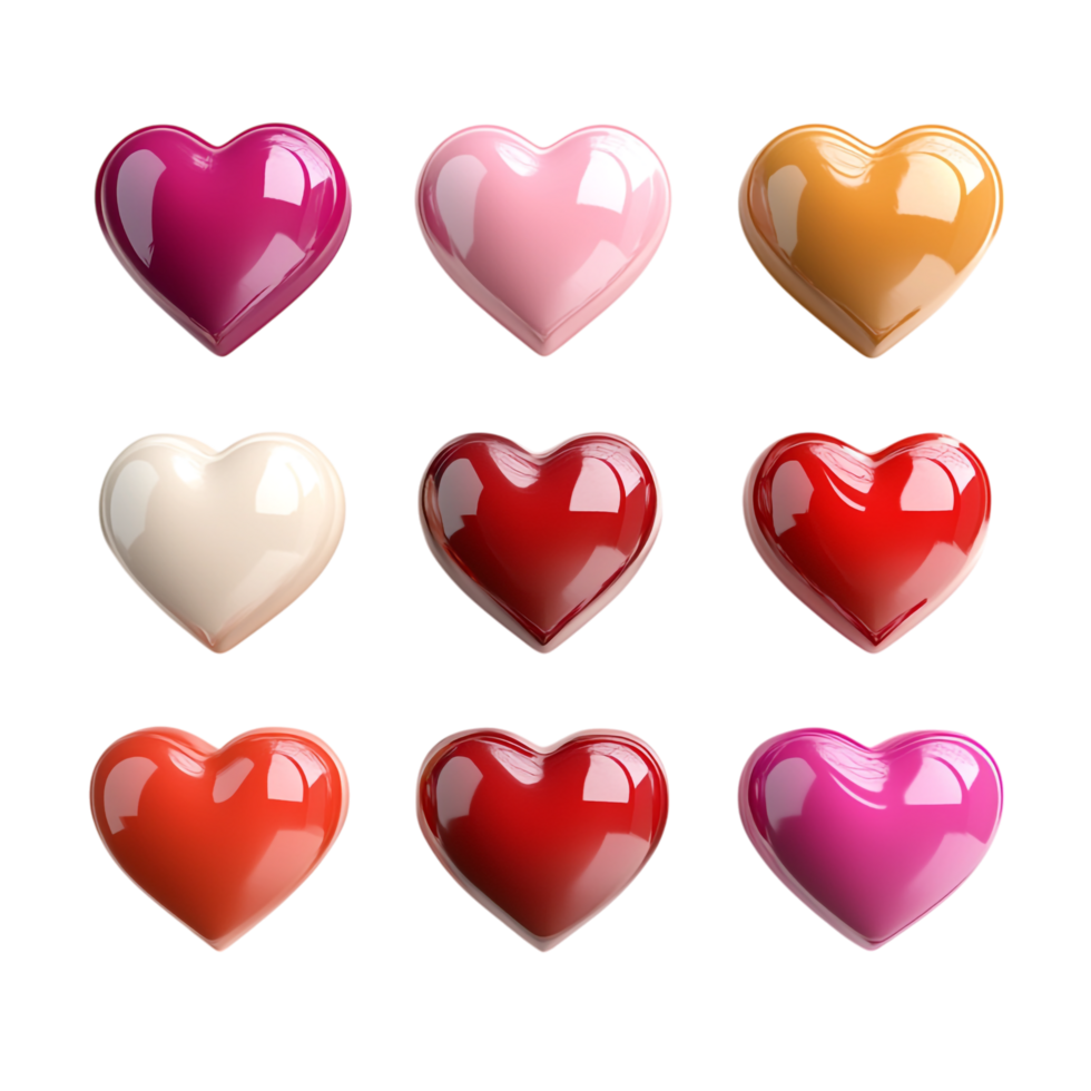 Set of Different Shapes of Heart 3D Rendering Against White Background png
