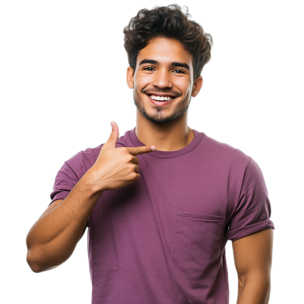 PNG Confident Young Man Pointing and Smiling Against Transparent Background for Marketing, Communication Themes, or Youthful Campaigns