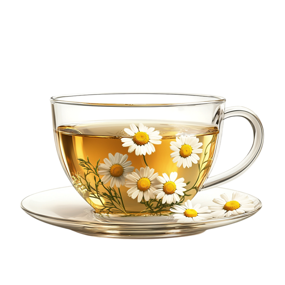 PNG Aromatic Chamomile Tea in a Glass Cup Against Transparent Background for Beverage Designs, Relaxation Themes, or Organic Illustrations