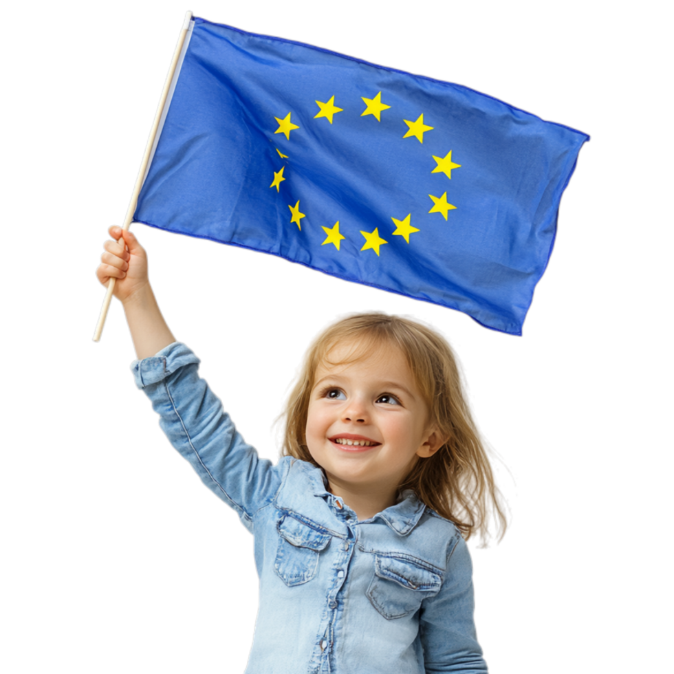 PNG Cheerful Child Waving the EU Flag with Pride Against Transparent Background for International Celebrations or Educational Projects