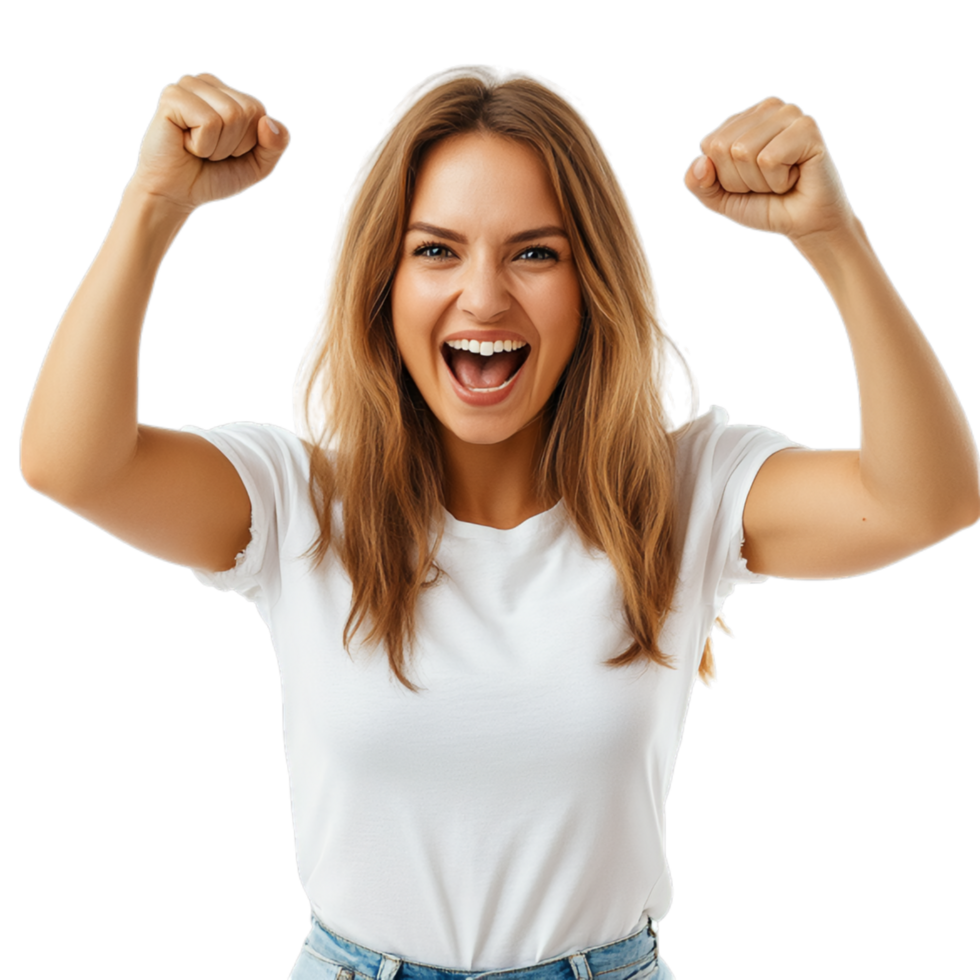 PNG Excited Woman Celebrating with Fists Raised Against Transparent Background for Celebration Branding, Motivational Promotions, or Victory-Themed Campaigns