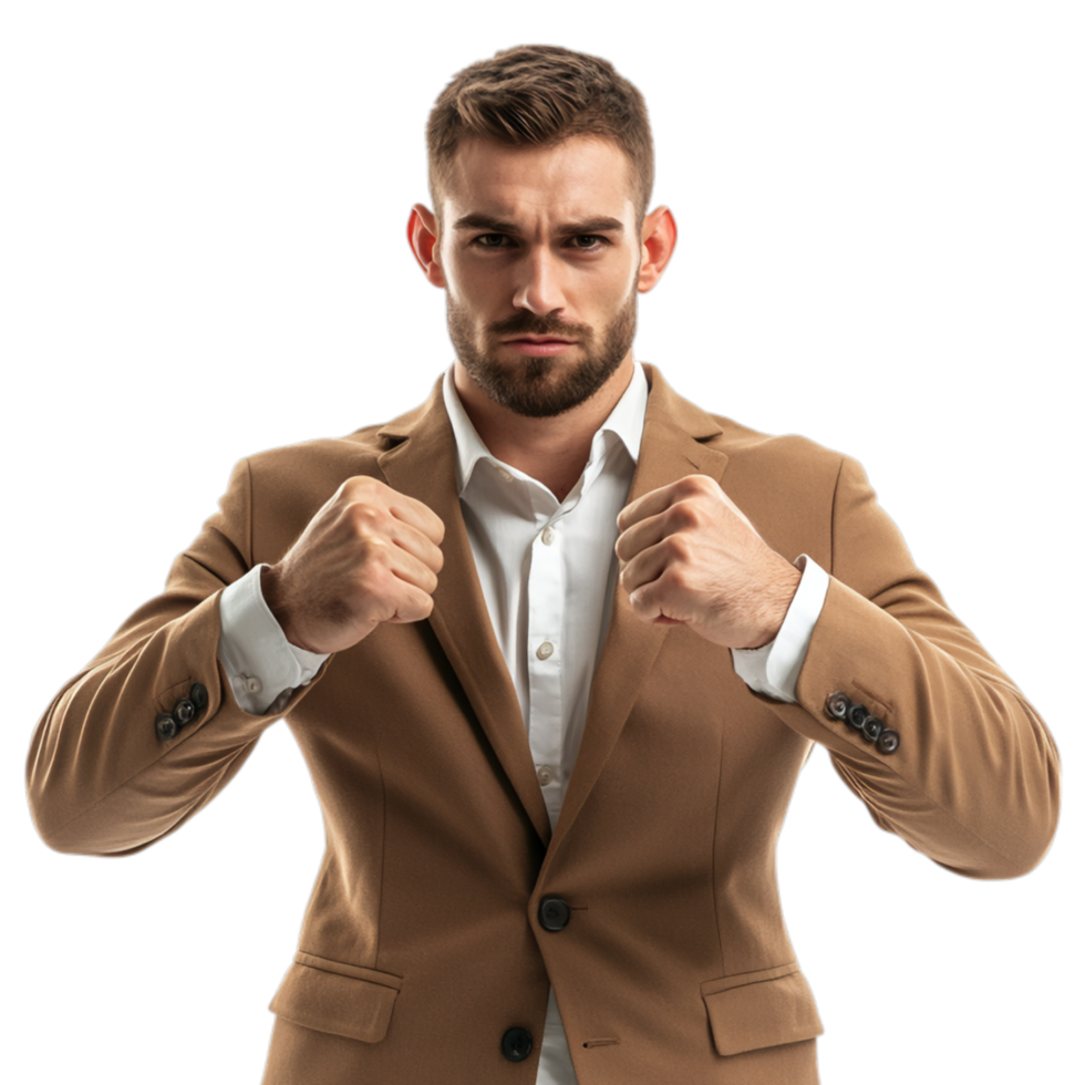 PNG Confident Man in Brown Suit with Boxing Stance Against Transparent Background for Motivational Campaigns, Fitness Promotions, or Determination Themes