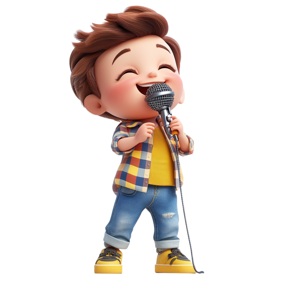 PNG Adorable 3D Cartoon Singer Boy with Microphone Against Transparent Background for Music Designs, Animation Themes, or Kid-Friendly Illustrations