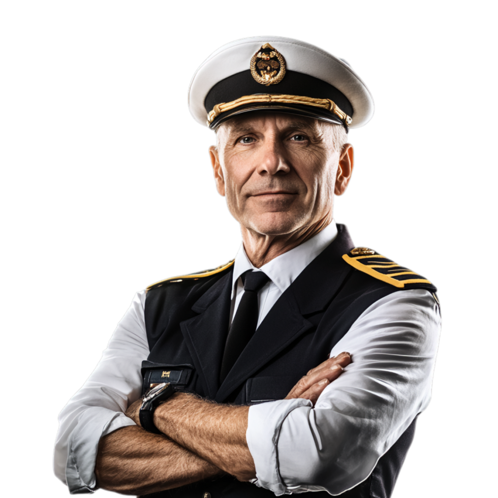 PNG Confident Senior Pilot with Arms Crossed Against Transparent Background for Aviation Themes, Leadership Branding, or Professional Campaigns