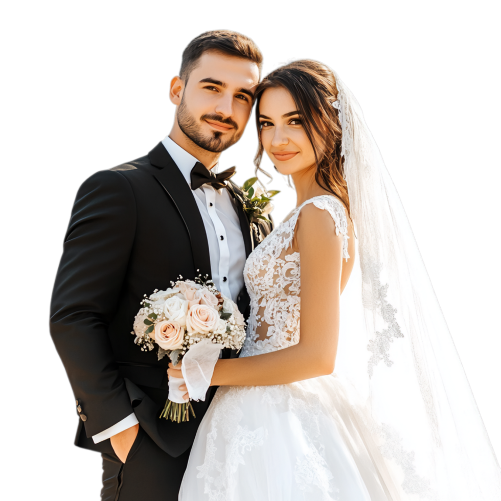 PNG Elegant Bride and Groom Posing Together on Their Wedding Day Against Transparent Background for Wedding Branding, Event Promotions, or Romantic Campaigns