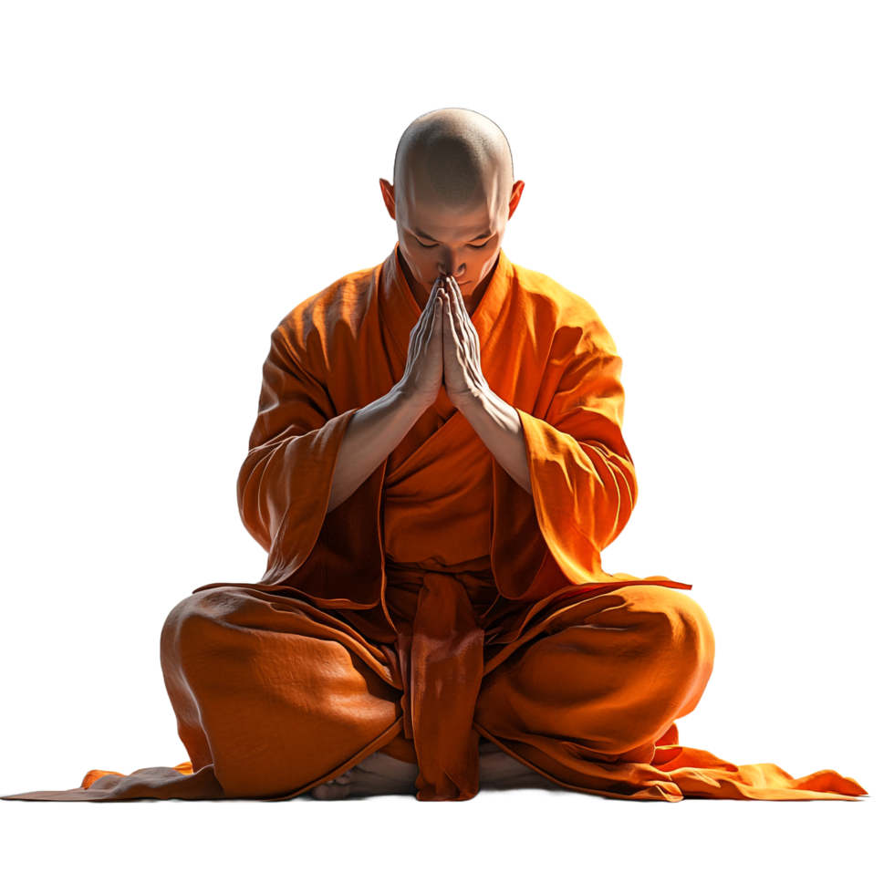 Shaolin monk praying in traditional attire on a transparent background png
