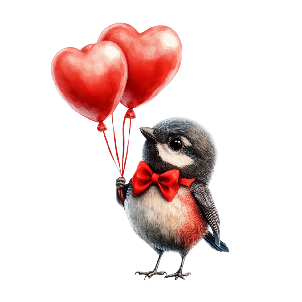 PNG Adorable Bird Wearing a Red Bow Tie and Holding a Heart for Valentine's Day, Against transparent Background Cute Characters, or Love-Themed Designs