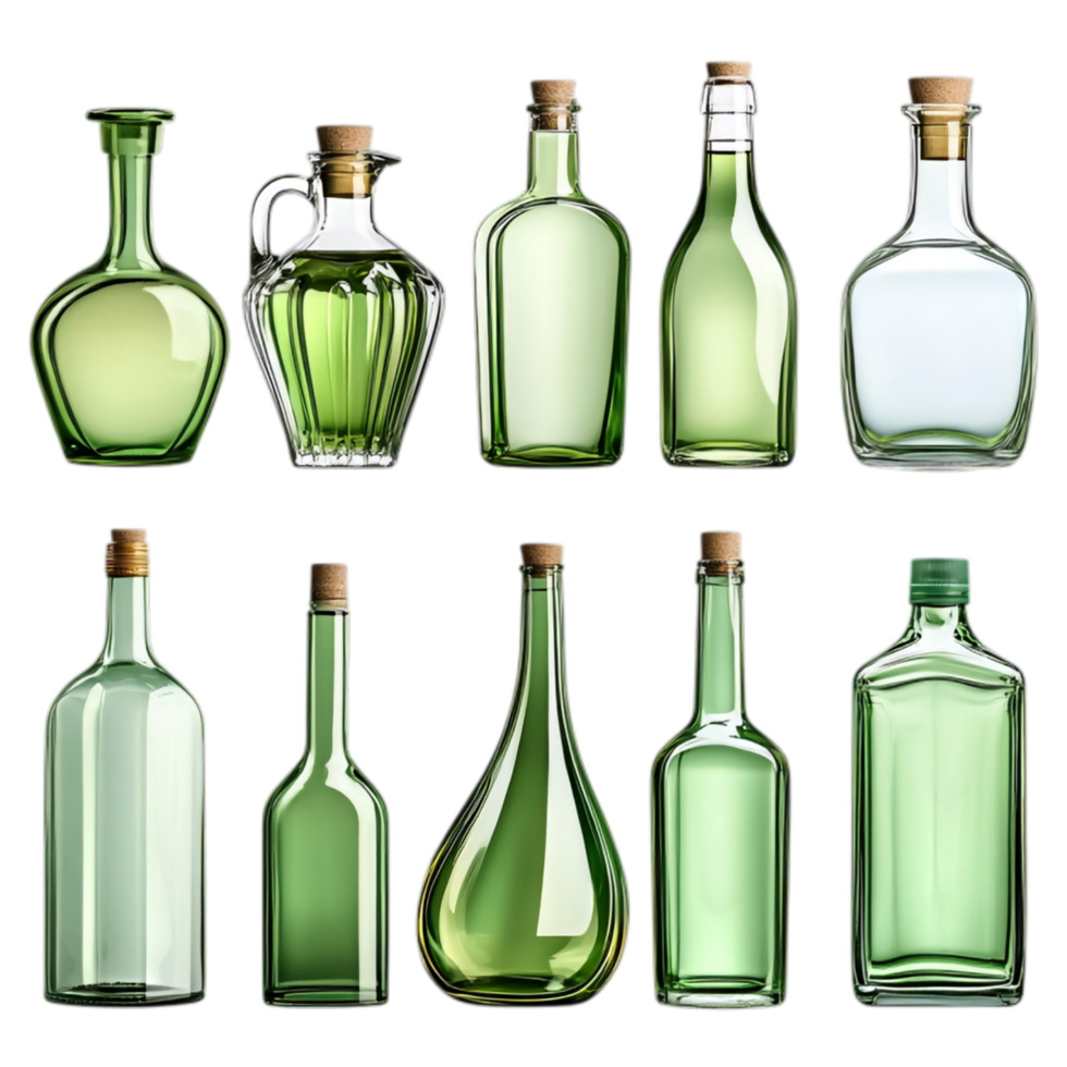 PNG Collection of Green Glass Bottles in Various Shapes and Sizes for Recycling Campaigns, Eco-Friendly Promotions, or Artistic Projects