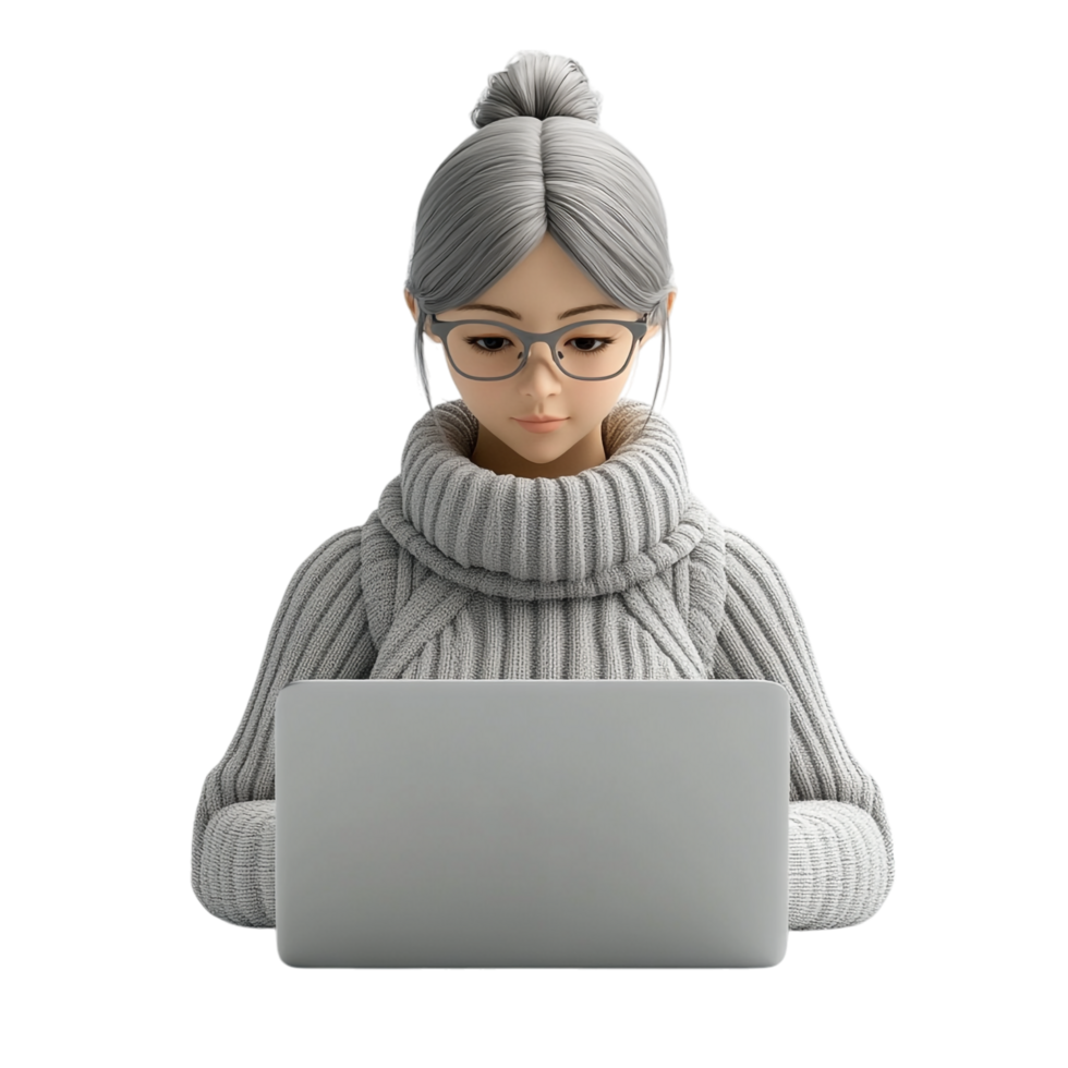 PNG 3D Render of a Woman Working on a Laptop Against Transparent Background for Remote Work, Productivity Themes, or Technology Illustrations