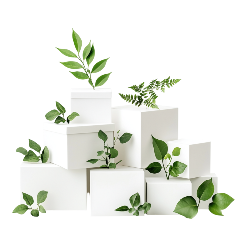 White boxes with green leaves arranged together creating a design png