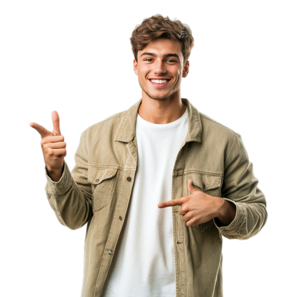 PNG Confident Young Man Pointing and Smiling Against Transparent Background for Marketing, Communication Themes, or Youthful Campaigns
