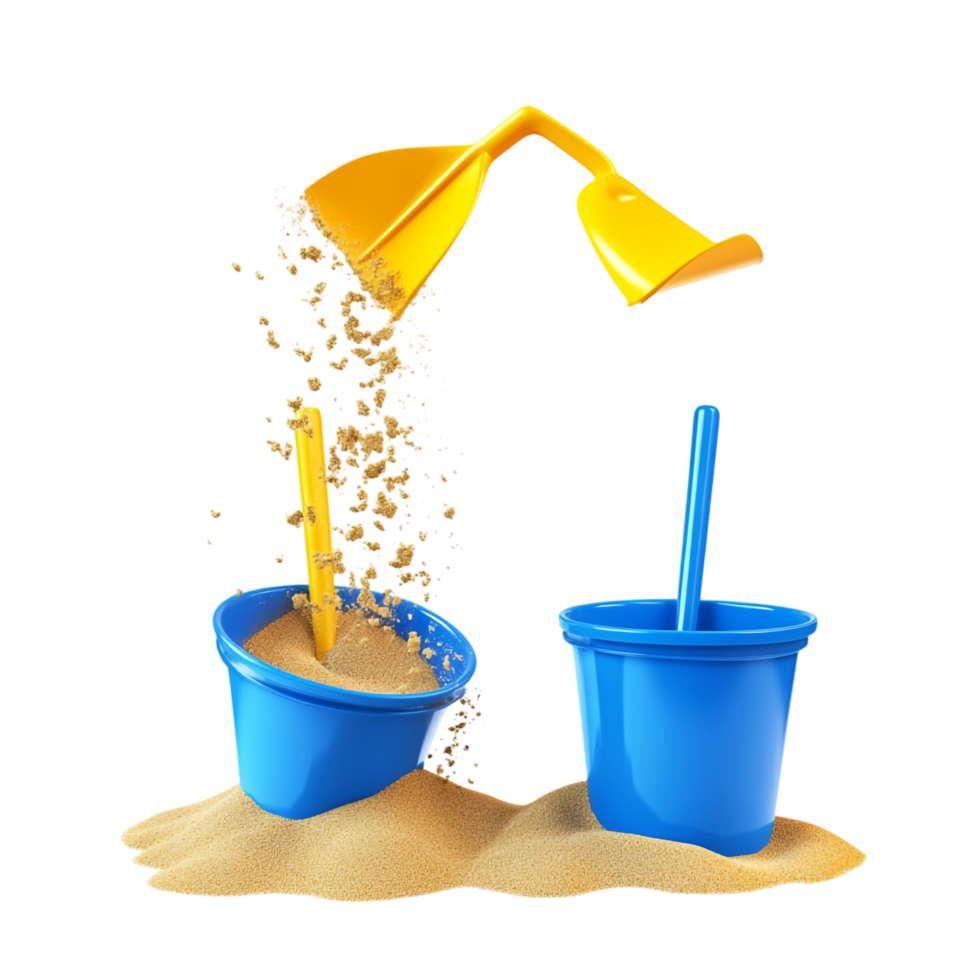 Yellow Spade and Blue Bucket with Sand Spilling 3D Rendering png
