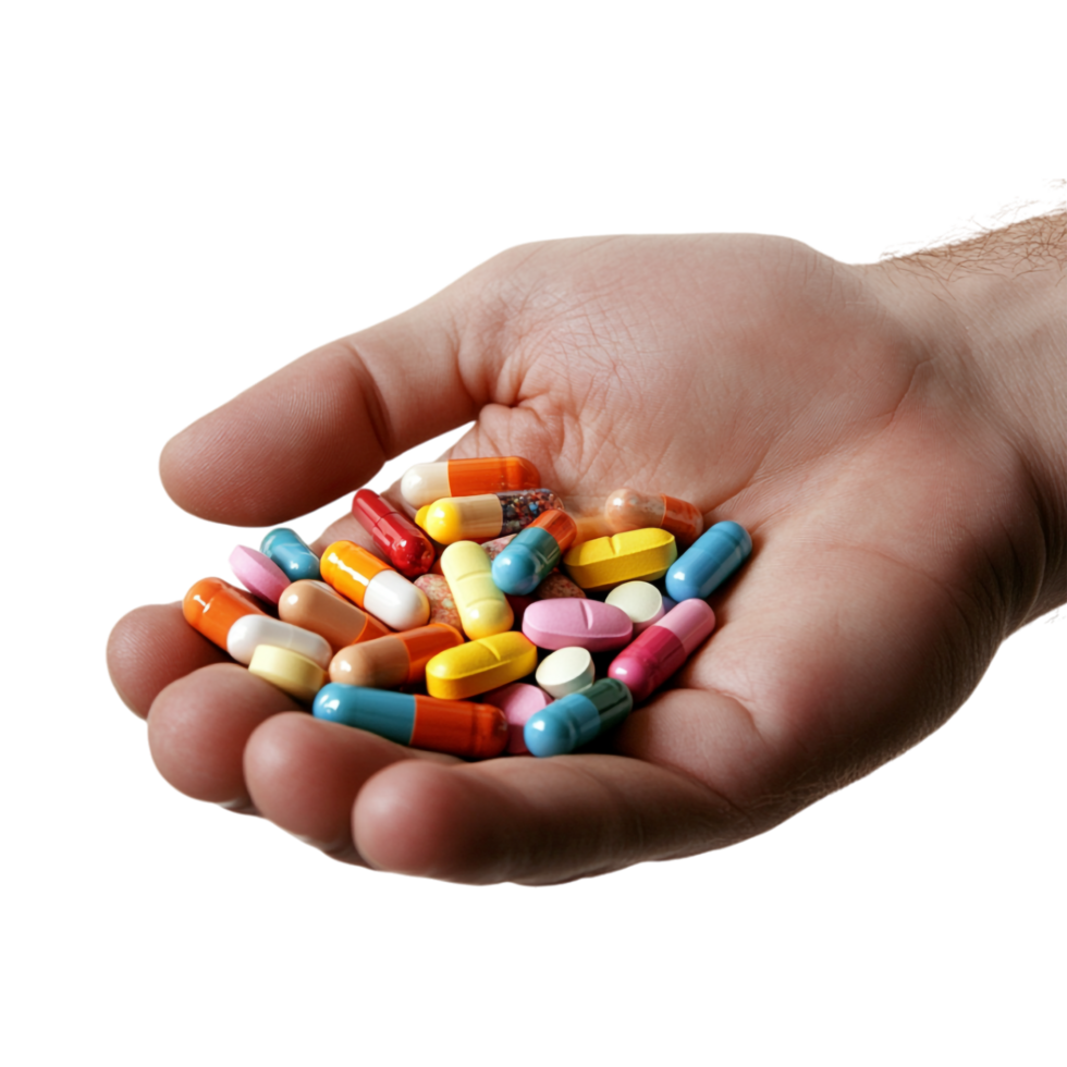 Pills Held in Man's Hand Isolated Against a Transparent Background png