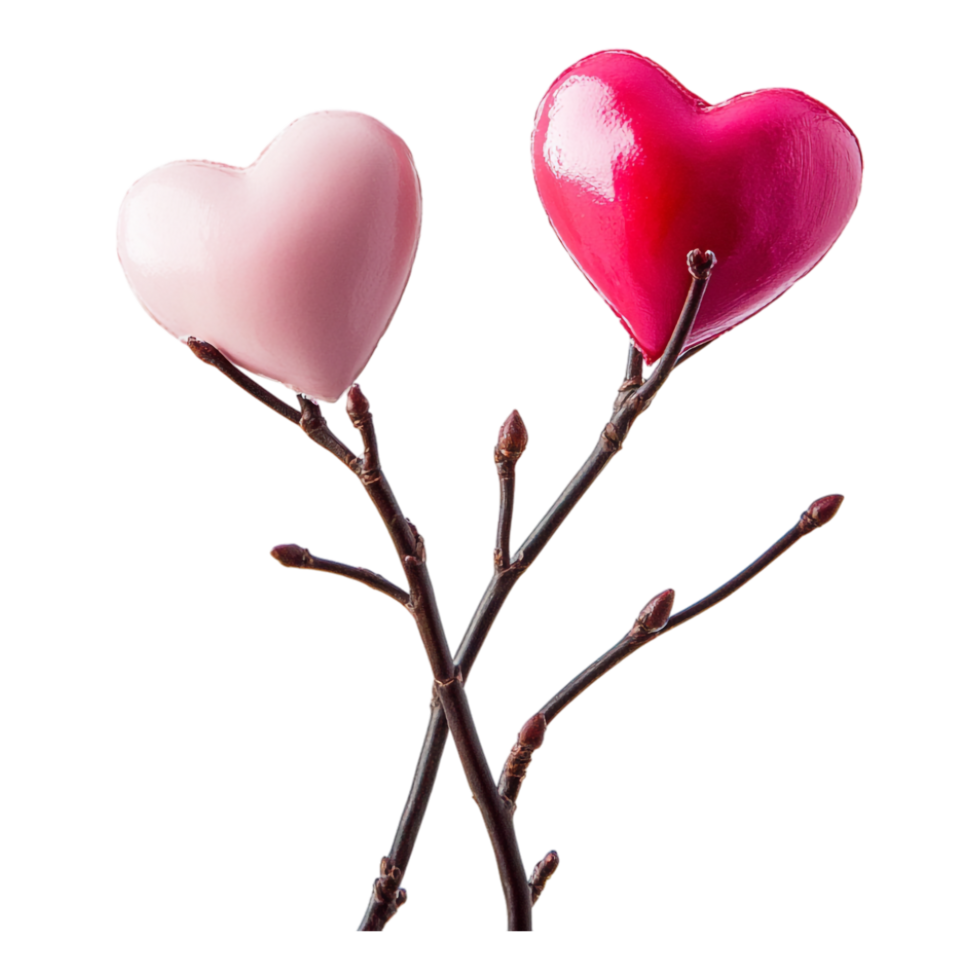 PNG Hearts on Branch in Pink and Red Against Transparent Background for Romantic Nature Themes, Valentine's Day Decorations, or Love Illustrations
