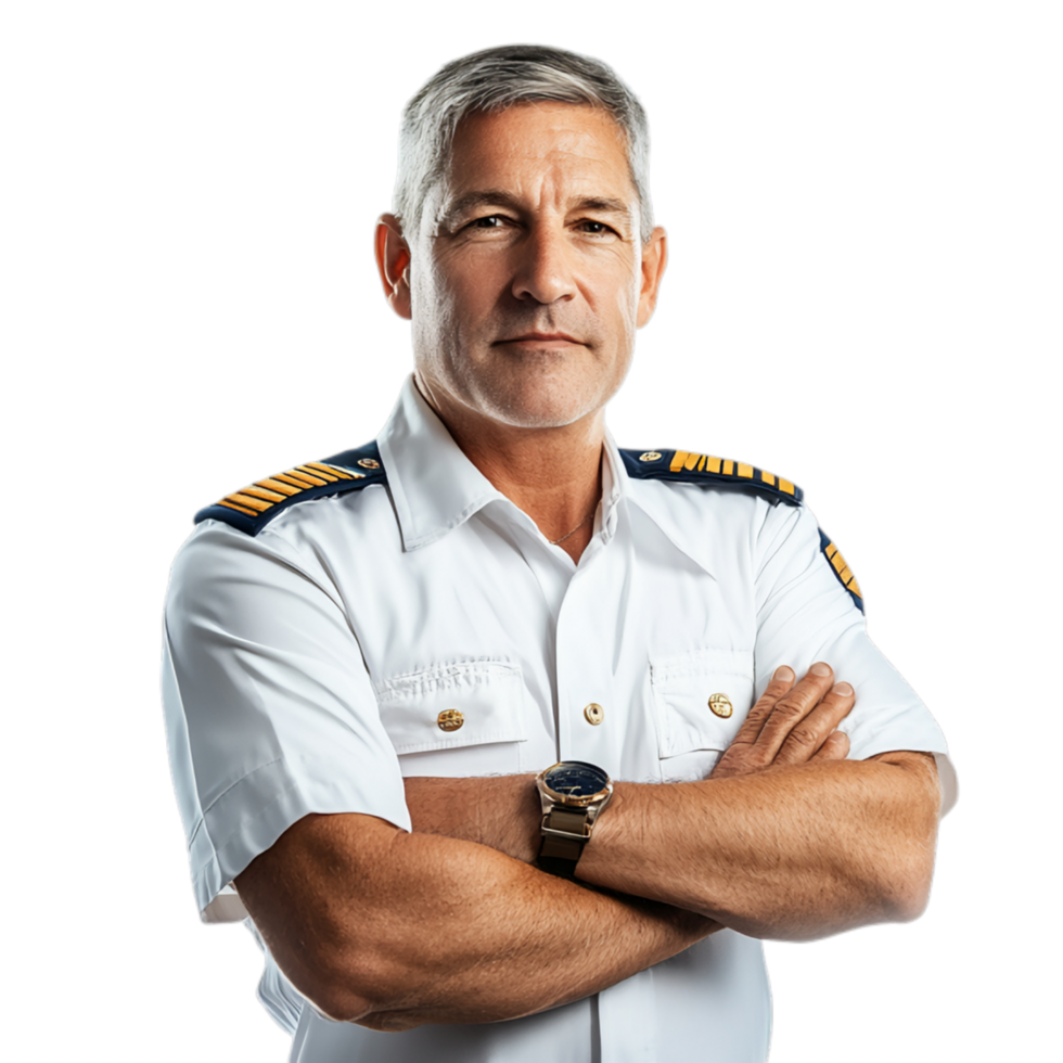 PNG Confident Senior Pilot with Arms Crossed Against Transparent Background for Aviation Themes, Leadership Branding, or Professional Campaigns